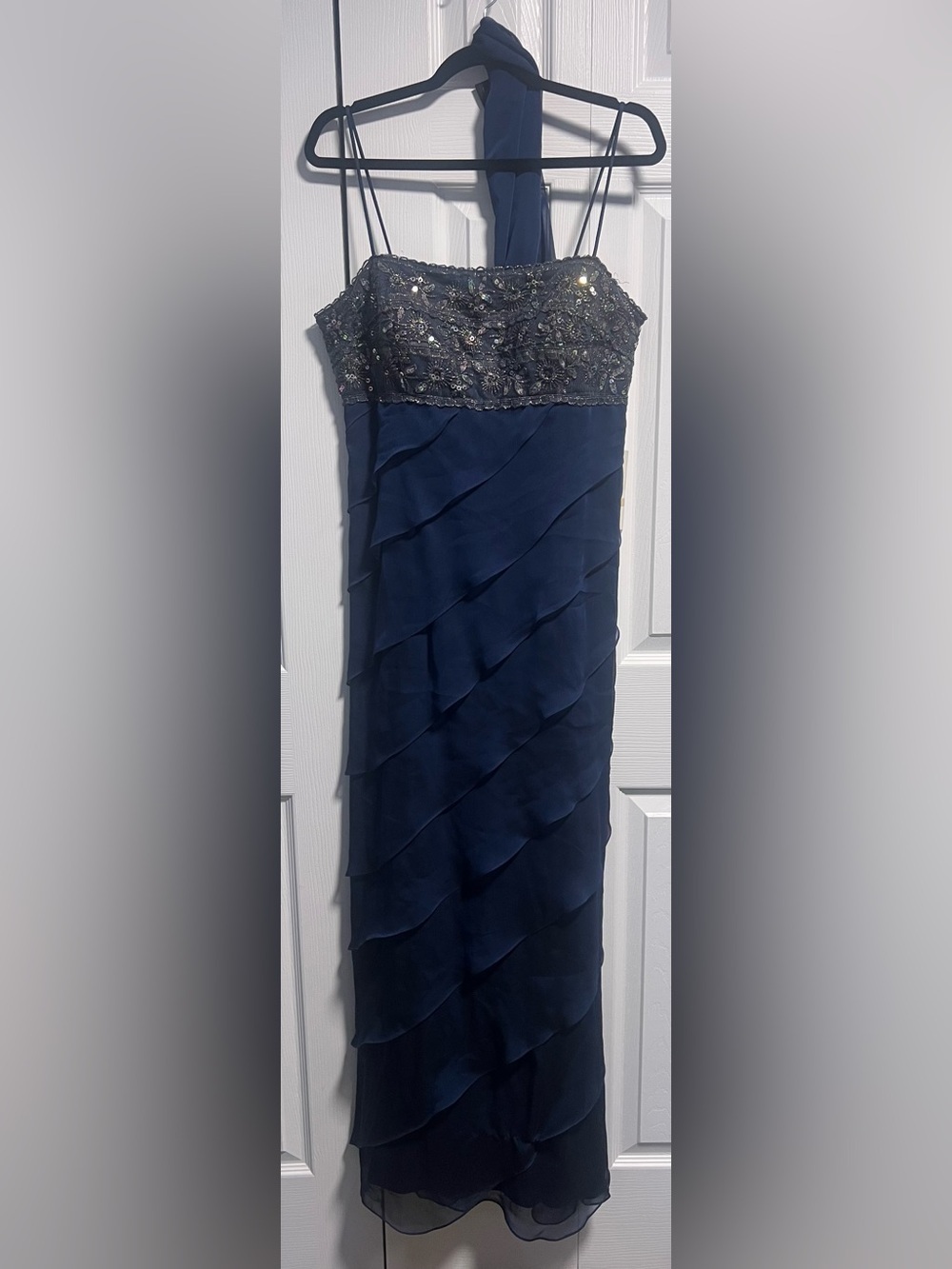 Vintage Ignite Evenings by Carol Lin Navy Beaded Bodice Layered Evening Dress